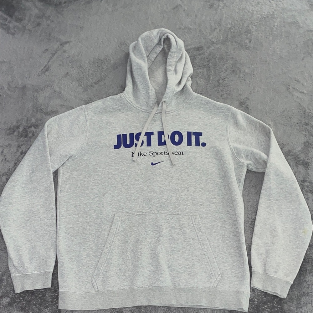 Nike Light Gray Hoodie with Navy Blue 'JUST DO IT.' Text
